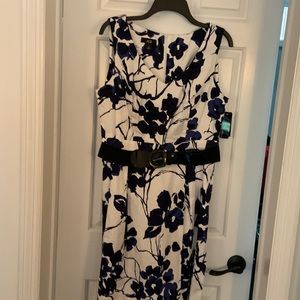 AGB, stretch material, blue and black flowers with black accent belt, new